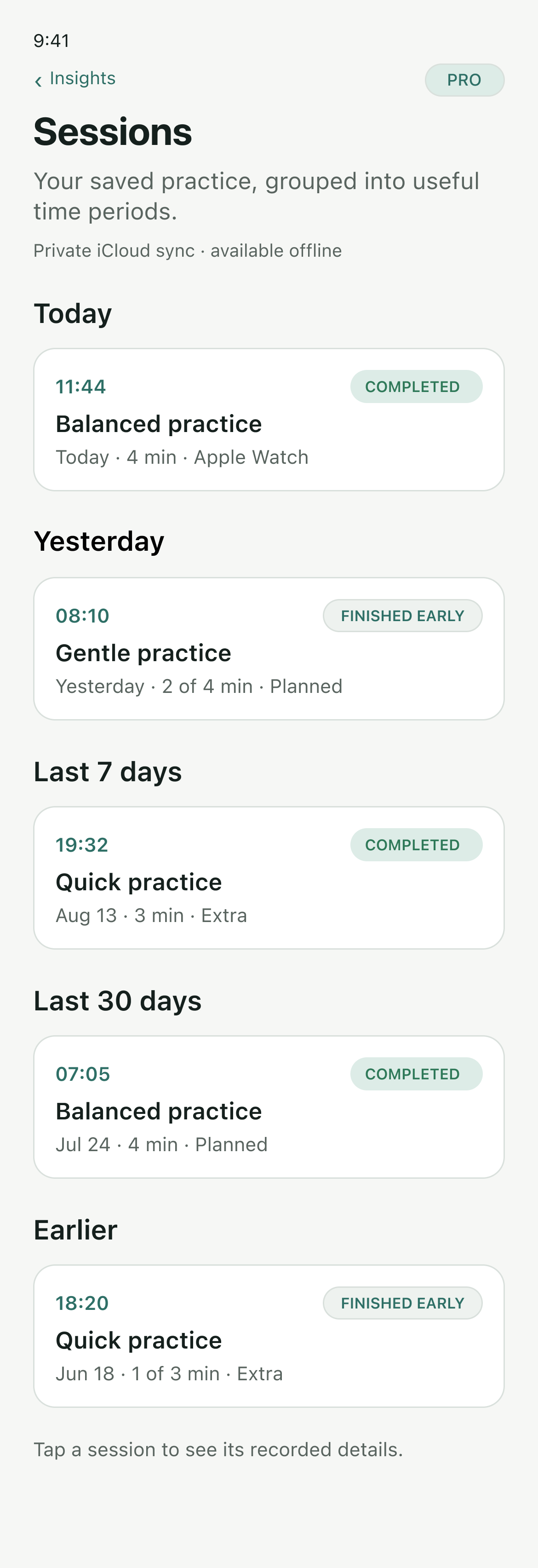 StillCue recent sessions and progress history